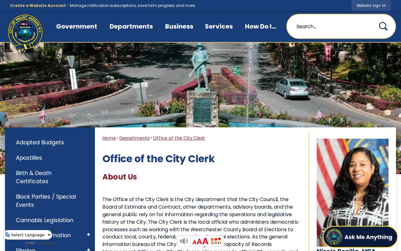 Mount Vernon residents directory City Clerk records route
