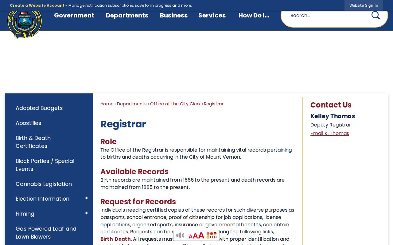 Mount Vernon residents directory City Registrar route