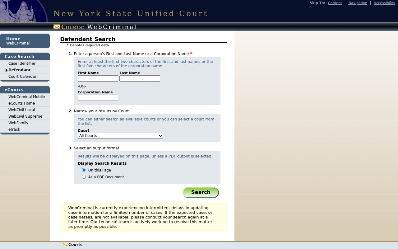 Mount Vernon resident lookup through New York WebCriminal defendant search